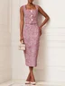 Pink Buckle Tweed Square Neck Sleeveless Sheath Midi Dress