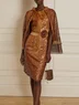 Yellow Glitter 3D Floral Sequin Crew Neck Long Sleeve Sheath Midi Dress