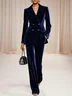 Women Navy Velvet Blue Piping Lapel Collar Long Sleeve Dressy Coat With Pants Two-Piece Set