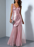 Pink Pleated Sequin V Neck Sleeveless Mermaid Maxi Dress
