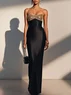 Black Sequin Glitter Satin Spaghetti Gallus Sheath Maxi Dress