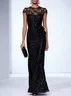 Black 3D Floral Lace Sequin Crew Neck Short Sleeve Sheath Maxi Dress