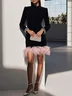 Black Rhinestone Feather-trimmed Velvet Mock Neck Long Sleeve Sheath Mini Dress