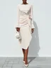 Cream White 3D Floral Ruched Classic Boat Neck Long Sleeve Sheath Midi Dress