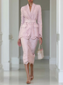 Women Pink Lace Pocket Stitching Shawl Collar Long Sleeve Elegant Coat With Skirt Two-Piece Set
