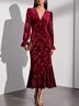Wine Red Embossed Velvet V Neck Long Sleeve Bell Sleeve Mermaid Midi Dress