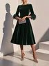 Purplish blue Feather-trimmed Velvet Crew Neck Half Sleeve A-Line Midi Dress