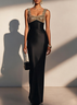 Black Gold Sequin Glitter Satin Spaghetti Gallus Sheath Maxi Dress