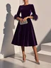 Purplish blue Feather-trimmed Velvet Crew Neck Half Sleeve A-Line Midi Dress