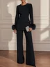 Women Black Feather-trimmed Crew Neck Long Sleeve Dressy Top With Pants Two-Piece Set