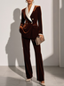 Women Brown Velvet Buckle Shawl Collar Long Sleeve Dressy Coat With Pants Two-Piece Set