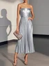 Rose Gold Pleated Satin Strapless Sleeveless A-Line Midi Dress