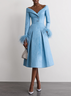 Blue Feather Buckle Classic Cold Shoulder Long Sleeve A-Line Midi Dress