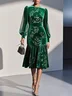 Caramel Brown Mesh Velvet Crew Neck Long Sleeve Balloon Sleeve Mermaid Midi Dress