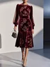 Wine Red Mesh Velvet Crew Neck Long Sleeve Balloon Sleeve Mermaid Midi Dress