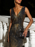 Golden-Black Sequin V Neck Sleeveless Sheath Gown Dress