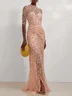 Peach Mesh Lace Crew Neck Half Sleeve Sheath Gown Dress