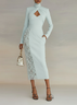 Light Green Mint Lace Classic Mock Neck Long Sleeve Sheath Midi Dress