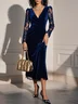 Navy Blue Lace Split Joint Velvet V Neck Long Sleeve Sheath Midi Dress