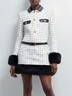 White Buckle Tweed Shawl Collar Long Sleeve Faux fur Shift Mini Dress