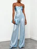 Women Light Blue Strapless Sleeveless Dressy Jumpsuit