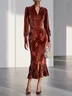 Orange Red Jacquard Velvet V Neck Long Sleeve Mermaid Midi Dress