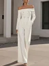 Women White Buckle Off The Shoulder Long Sleeve Dressy Jumpsuit