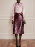 Women Pink Applique Crew Neck Long Sleeve Ruffle Sleeve Dressy Top With Skirt Two-Piece Set