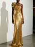 Golden 3D Floral Sequin One Shoulder Sleeveless Mermaid Gown Dress