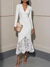White Lace Classic V Neck Long Sleeve Sheath Midi Dress