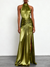 Green Ruched Side-Slit Satin Halter Sleeveless A-Line Gown Dress