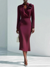 Fuchsia 3D Floral Classic Shawl Collar Long Sleeve Sheath Midi Dress