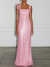 Pink 3D Floral Applique Sequin Square Neck Sleeveless Shift Gown Dress