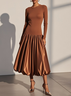 Brown Split Joint Knit Crew Neck Long Sleeve A-Line Midi Dress