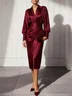 Women Wine Red Shawl Collar Long Sleeve Dressy Top With Skirt Two-Piece Set