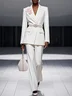 Women White 3D Floral Lapel Collar Long Sleeve Dressy Coat With Pants Two-Piece Set