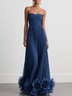 Navy Blue Pleated 3D Floral Chiffon Strapless Sleeveless A-Line Gown Dress