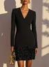 Black 3D Floral Classic V Neck Long Sleeve Sheath Mini Dress