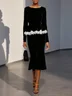 Women Black Lace Crew Neck Long Sleeve Dressy Top With Skirt Two-Piece Set