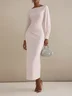 Pink Ruched Classic Boat Neck Long Balloon Sleeve Sheath Midi Dress