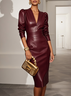 Wine Red Classic V Neck Long Sleeve Sheath Midi Dress