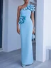 Sky Blue 3D Floral Classic One Shoulder Sleeveless Sheath Maxi Dress