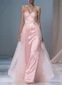 Pink Glitter Satin Strapless Sleeveless A-Line Gown Dress