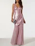 Pink Pleated Sequin V Neck Sleeveless Mermaid Maxi Dress