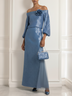 Lake Blue 3D Floral Sequin Off The Shoulder Long Sleeve A-Line Maxi Dress