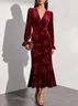 Wine Red Embossed Velvet V Neck Long Sleeve Bell Sleeve Mermaid Maxi Dress