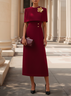 Burgundy Buckle 3D Floral Classic Crew Neck Short Sleeve A-Line Midi Dress