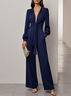 Women Purplish Blue Knot Front Deep V Neck Long Sleeve Balloon Sleeve Dressy Jumpsuit