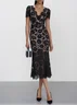 Black Lace Edge Lace V Neck Short Sleeve Mermaid Midi Dress