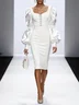 White Rhinestone Sweetheart Neckline Balloon Sleeve Midi Dress